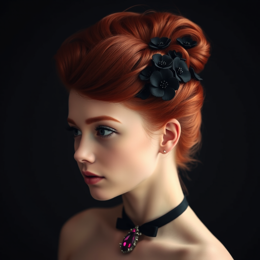 A young woman with bright red hair styled in a voluminous updo adorned with black floral accents, wearing a black choker with a large red gemstone pendant, looks off to the side with a slightly pensive expression, her face softly lit against a dark background.  The image is composed as a portrait, shot from a close-up perspective, with the subject filling most of the frame.  The woman's skin appears fair and flawless, with a subtle glow.  The overall atmosphere is elegant and slightly dramatic.