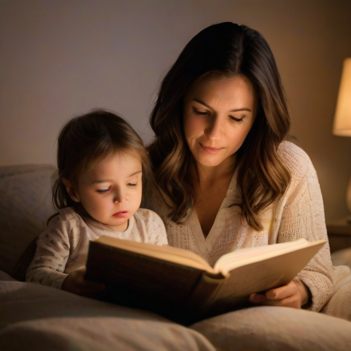 Warm, intimate photo of a mother and child reading a bedtime story in a softly lit room, soft glow from a nearby lamp casting warm shadows, with the pages of the book illuminated in soft light.