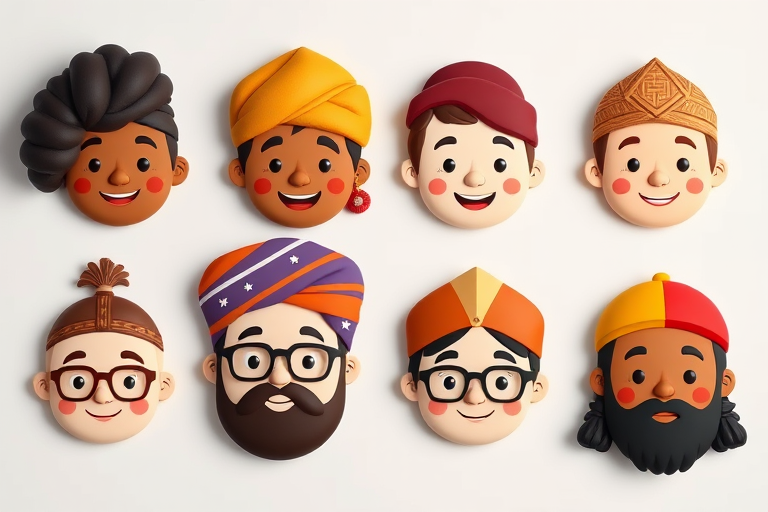 Create an image of eight cartoon-style faces featuring diverse cultural headwear, captured with a DSLR camera at f/2.8 aperture, ISO 100, 50mm lens, in a flat lay view with soft lighting to enhance clarity and contrast.