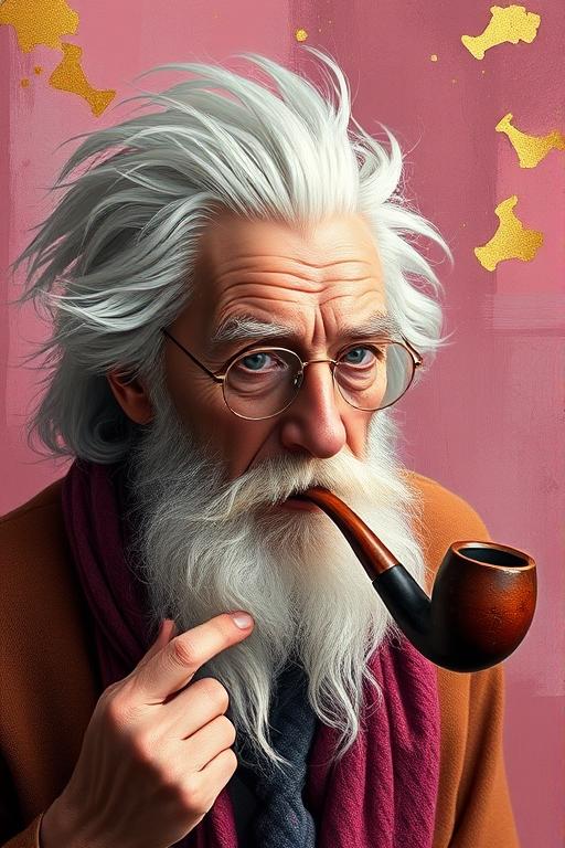 Create a highly detailed digital painting of a wise old man with wild white hair and a pipe, set against a luxurious abstract background with rich pink tones and gold accents, using a Canon EOS R5 camera with a 50mm lens, aperture f/1.8, ISO 100, and a soft focus to enhance the image quality.