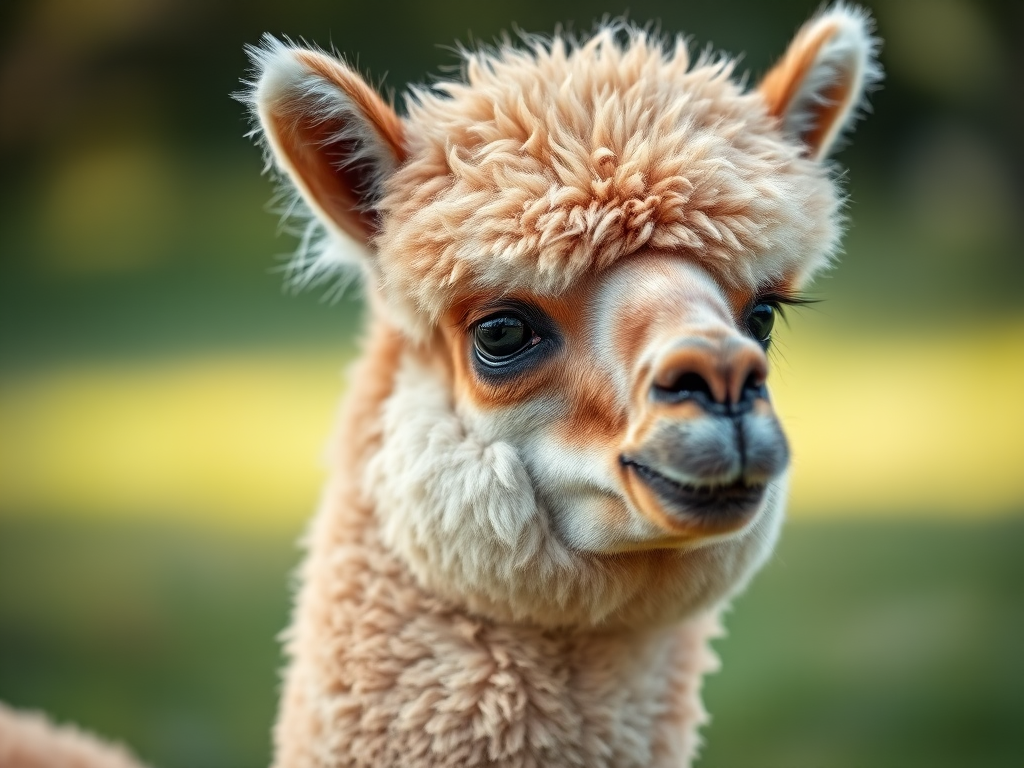 portrait of a fluffy alpaca in a soft-focus background, 50mm lens, f/2.8 aperture, ISO 100, natural light, shallow depth of field, DSLR camera