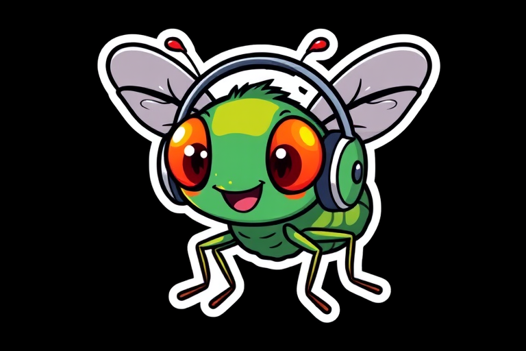 this photo is sticker, Happy Colorful Flea wearing Headphones, kawaii, contour, vector, black background