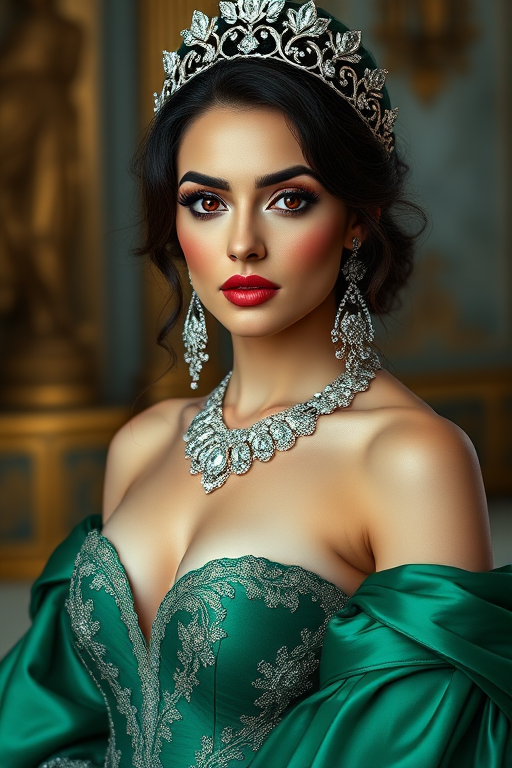 A gorgeous Chaldean woman in a luxurious green gown, accessorized with a dazzling tiara and statement earrings, her deep red eyes highlighted by impeccable makeup, poised in a royal setting, photorealistic, 8K quality