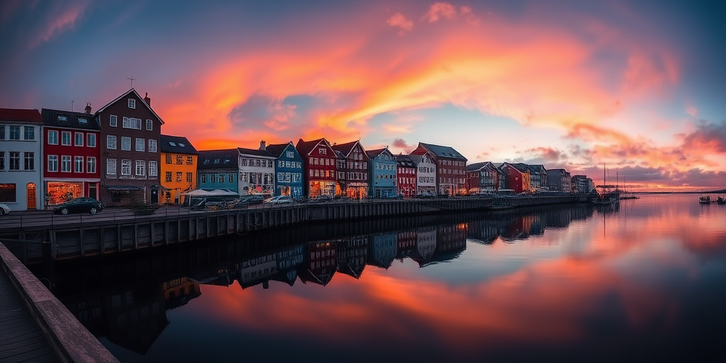 Capture a tranquil evening scene of a waterfront with colorful buildings reflecting on calm water, using a Canon EOS R5, 24mm lens, f/8 aperture, ISO 200, 1/60 sec exposure, in a panoramic view with a vibrant sunset sky.