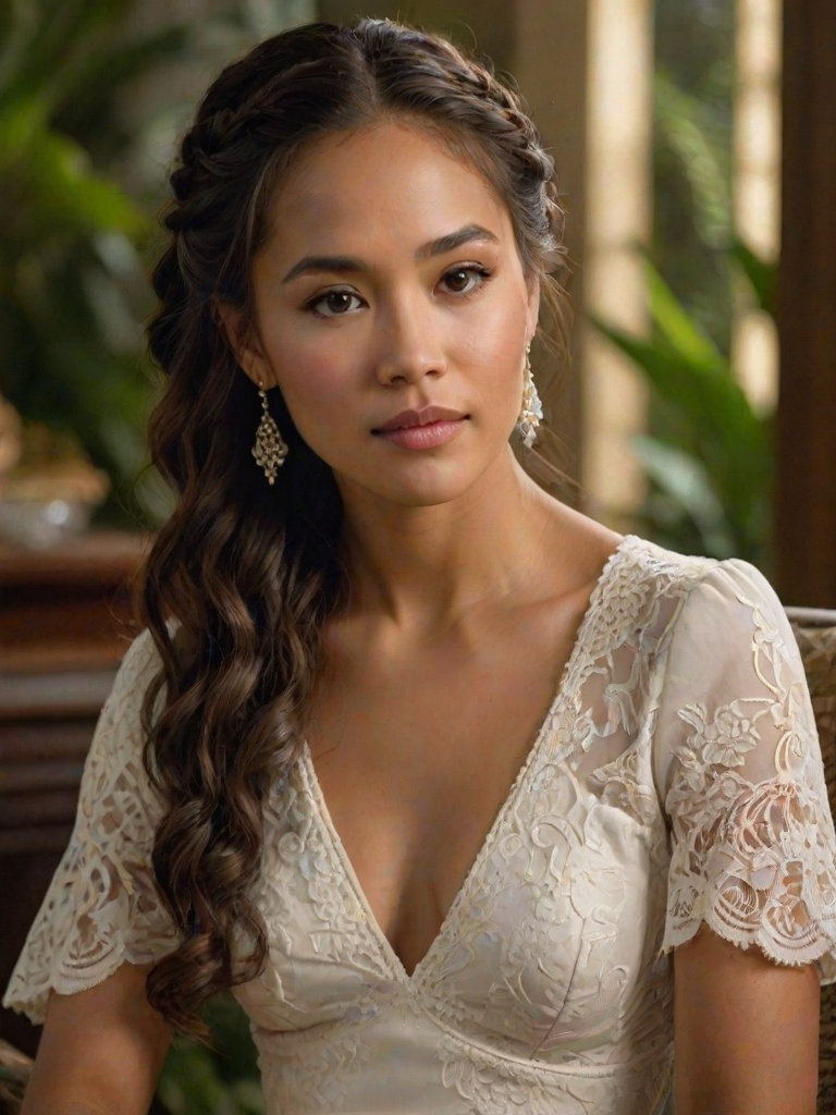 Create a portrait of a refined and elegant Hawaiian woman seated in a sophisticated setting. She has long, wavy hair styled in two thick braids that are pulled over her shoulders. She wears a white, lace gown with intricate patterns, featuring a deep V-neckline and short sleeves. The dress exudes a vintage charm with its delicate lacework. She is adorned with ornate, dangling earrings that add a touch of glamour to her appearance. The background is softly lit, with warm, ambient lighting that creates a cozy and inviting atmosphere. Her expression is poised and serene, capturing a sense of grace and elegance.