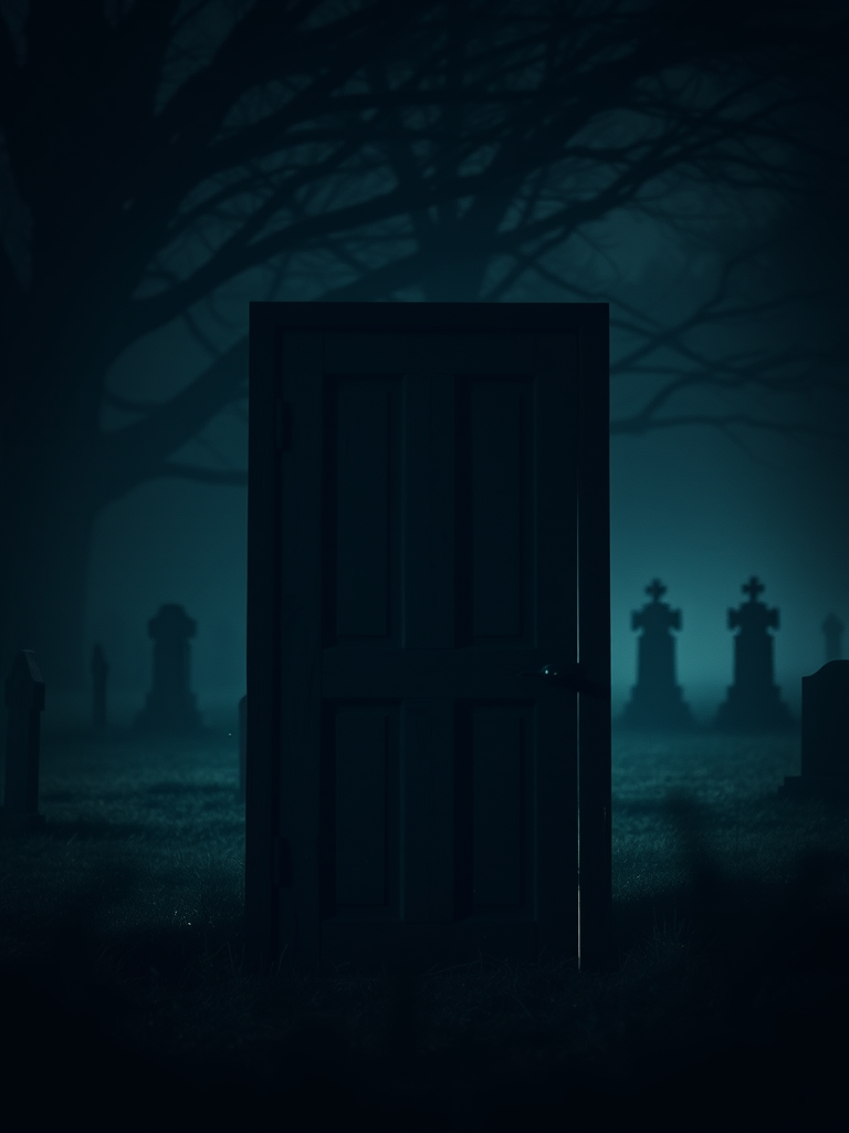 Create a mysterious scene featuring a weathered wooden door standing in a dark, foggy graveyard with faint silhouettes of gravestones in the background, captured with a Canon EOS R5, 50mm f/1.8 lens, f/2.8 aperture, ISO 100, 1/50s shutter speed, in low light conditions to enhance the mood and details.