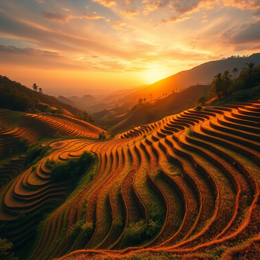 Capture a vibrant landscape of terraced rice fields at golden hour with a wide-angle lens, aperture set to f/8, ISO 100, and shutter speed of 1/125s, using a DSLR camera from an elevated viewpoint to enhance depth and detail in the scene.