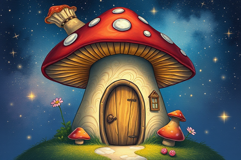 this photo is illustration of a mushroom house with a door and a window, a storybook , fantasy art, mushroom house, bg starry sky, sparkles