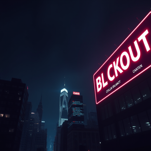 Create a high-resolution digital illustration of a city skyline at night with a prominent "BLACKOUT" sign, using a Canon EOS R5, f/8 aperture, ISO 100, 24mm lens, shot from a low angle to emphasize the buildings and enhance the dramatic dark atmosphere.