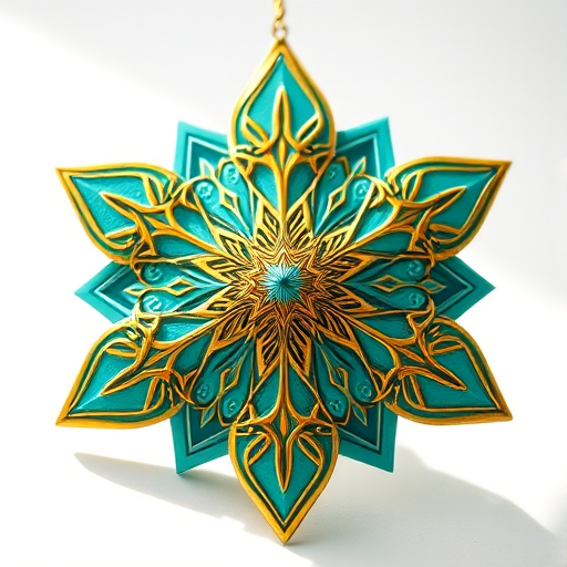 Create a vibrant star-shaped object with intricate patterns in teal and gold, using a DSLR camera with a 50mm lens, aperture set to f/1.8, ISO 100, shooting from a low angle, in soft natural light to enhance details and colors.