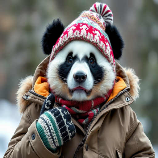 The image is a high-resolution photograph of a angry loook panda named Huahua, depicted enjoying a leisurely vacation in Finland. Huahua has her distinctive black and white fur, and she is dressed in cozy winter attire, including a snug parka, woolen mittens, and a knit hat with a pom-pom on top. The outfit is detailed with bright colors and patterns, adding to the festive, holiday feel.