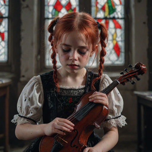 Close up realistic photo of a sad gothic little girl playing (instrument), red hair messy pigtails, black lace white dress with red detailed embroidery, abandoned gothic room with stained glass, closed eyes, horror cinematic lighting, dark fantasy, 4k, hdr,  uhd, detailed dress