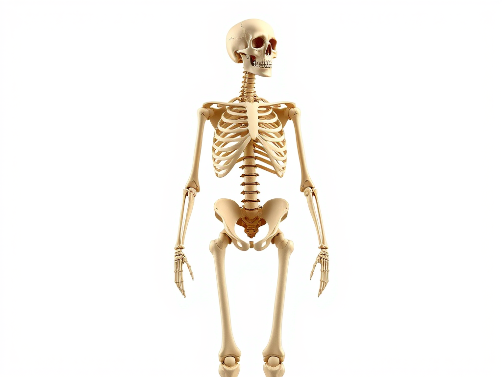 Create a detailed anatomical illustration of a human skeleton in a standing pose, using a high-resolution digital camera with a 50mm lens, aperture f/8, ISO 100, and a sharp focus to enhance clarity and detail.