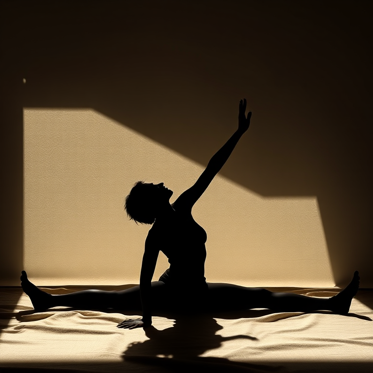Create a high-contrast silhouette of a person stretching on a soft surface, shot with a Canon EOS R5, 50mm f/1.2 lens, aperture at f/2.8, ISO 100, and in natural light to enhance shadows and textures.