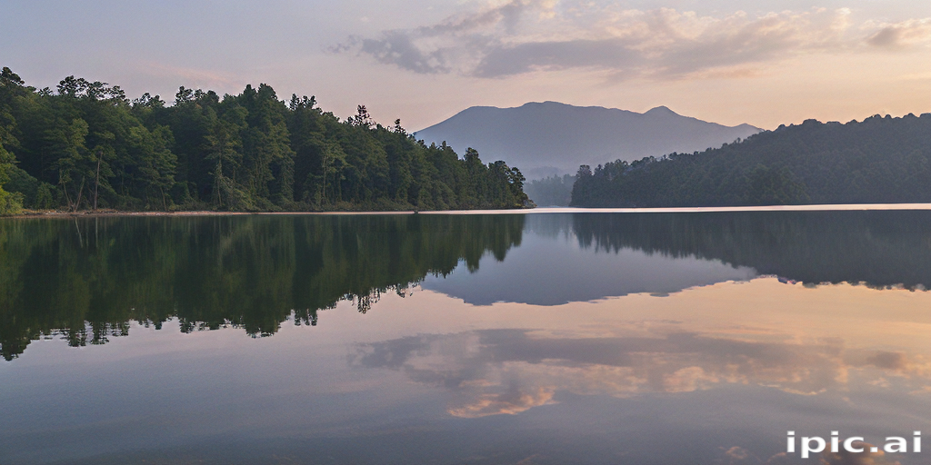 Tranquil Lake Surrounded by Lush Green Trees and Majestic Mountains