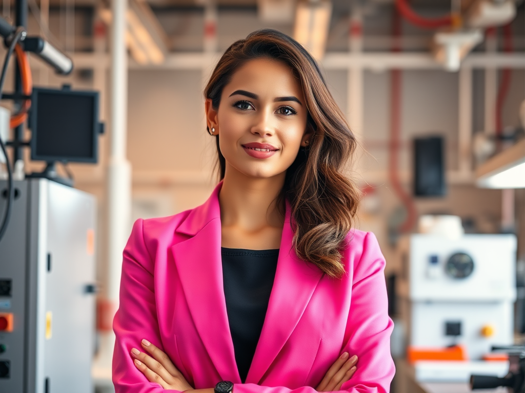 Portrait of a confident female engineer in a vibrant pink blazer, standing in a modern tech lab surrounded by equipment, with warm lighting and a slightly blurred background, captured with a DSLR camera, aperture f/2.8, shutter speed 1/125s, ISO 400, 50mm lens, natural light and enhanced color saturation.