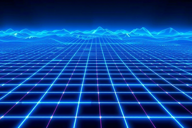 create an abstract digital landscape with a grid of glowing blue lines and geometric shapes, capturing a sense of depth and movement, shot with a DSLR camera at f/8, ISO 100, 1/60s exposure, wide-angle lens, and a 24mm focal length for sharpness and clarity.