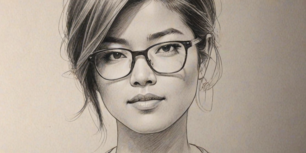 Stunning Grace Park, pencil sketch, portrait of Comely woman 1969s in glasses, hair style beatnik, outline, clear lines, fine lines, 8k