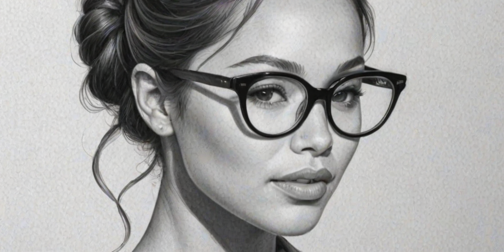 Alluring Jessica Parker Kennedy, pencil sketch, portrait of Lovely woman 1965s in glasses, hair style beatnik, outline, clear lines, fine lines, 8k