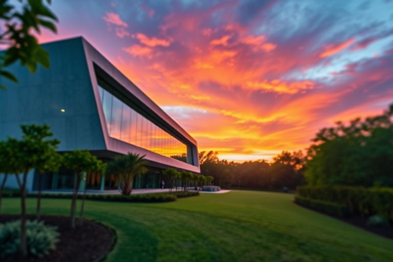Render a modern architectural masterpiece with an angular design, large glass windows, and a surrounding landscape of lush greenery at sunset with vibrant skies, using a DSLR camera, 24mm focal length, f/8 aperture, ISO 200, and a slight tilt-shift effect to enhance depth.