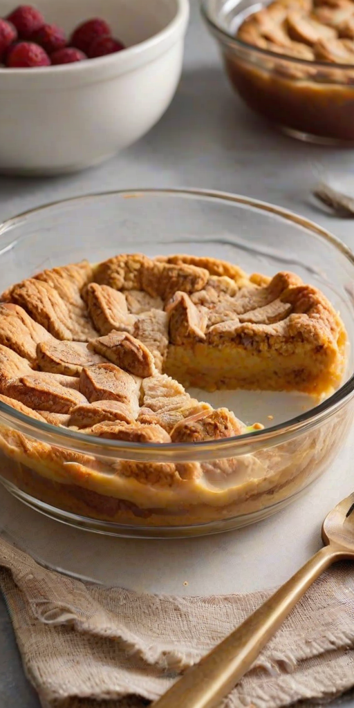 Generate an image of a freshly baked dessert in a glass dish, showing a golden-brown top with a slightly crispy texture. The dessert should have a few slices cut out, revealing a moist, fluffy interior. The setting should have a kitchen background with a stove and other cooking utensils visible.