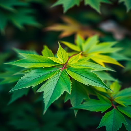 close-up shot of vibrant green maple leaves with a shallow depth of field, aperture f/2.8, ISO 100, 50mm lens, natural light, DSLR camera, soft focus background for enhanced image quality