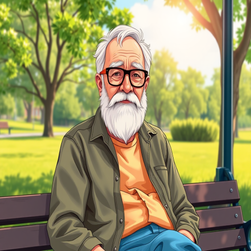 Create an illustration of an elderly man with a beard wearing glasses and casual clothes sitting on a park bench, surrounded by greenery and a bright sky, captured with a 50mm lens, f/2.8 aperture, ISO 100, in vibrant colors and high contrast.