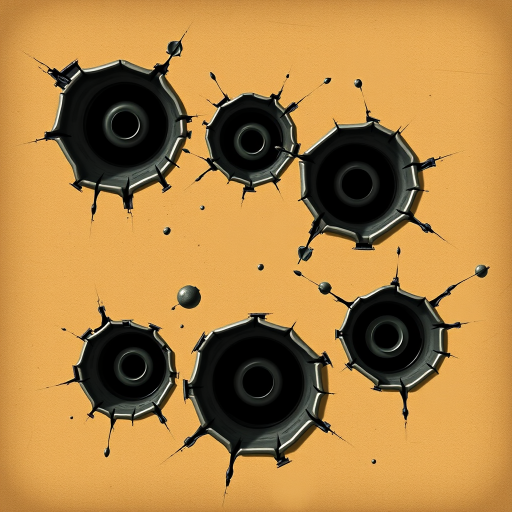 Generate an illustration of six bullet holes with varying sizes and details, using a DSLR camera type with a 50mm lens, aperture f/2.8 for a shallow depth of field, ISO 100 for high clarity, and sharp focus in a well-lit setting to enhance texture and shadow.