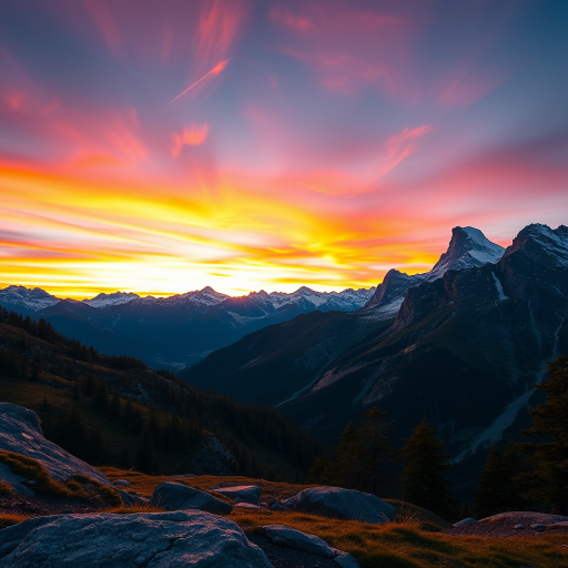 Generate a high-resolution image of a majestic mountain landscape during sunset, with vibrant colors in the sky, using a DSLR camera with a 24mm lens, aperture set to f/8, ISO 100, and a shutter speed of 1/200 seconds, shot from a wide-angle perspective to capture the vastness of the scene.