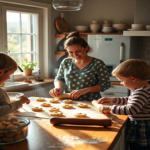 Cozy kitchen scene, with a mother baking cookies, her children helping by rolling out dough, the warm scent of vanilla wafting through the air, and sunlight streaming through the window.
