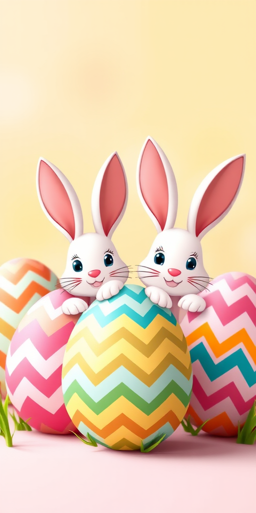 Create a high-resolution illustration of two cartoon rabbits peeking out of colorful chevron-patterned Easter eggs, with a bright and cheerful background, using a Canon EOS 5D Mark IV, ISO 100, f/8, 50mm lens, with a soft-focus effect for a playful and vibrant aesthetic.