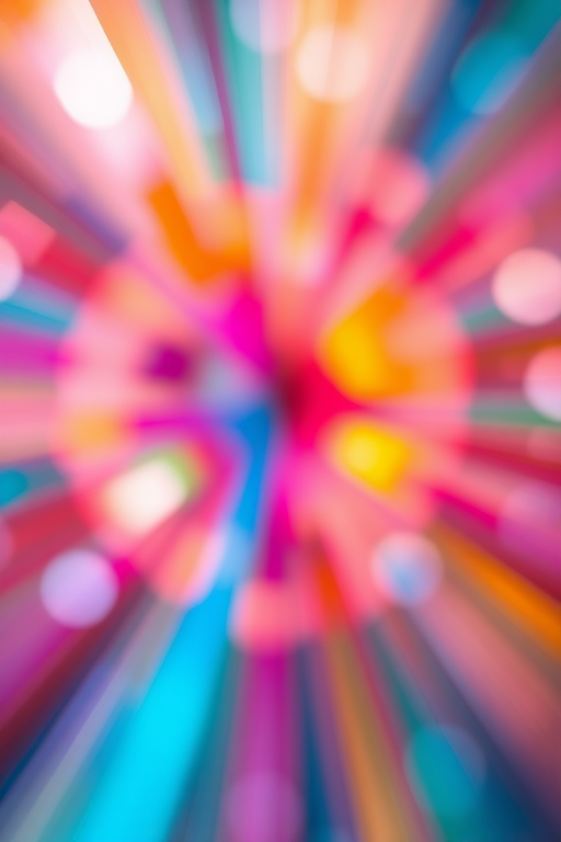 create a vibrant abstract image with radial blur effect and soft bokeh using a Canon EOS R5, f/2.8 aperture, ISO 100, 1/200 sec shutter speed, shot from a centered perspective with a wide-angle lens to enhance color saturation and dynamic range