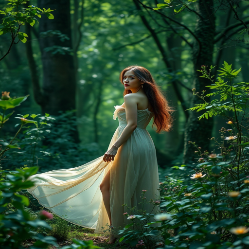 a mystical forest scene featuring a graceful woman in a flowing dress surrounded by lush greenery and flowers, capturing her serene expression and gentle movement, soft focus, natural lighting, ISO 100, f/2.8, 50mm lens, DSLR camera, high dynamic range imaging