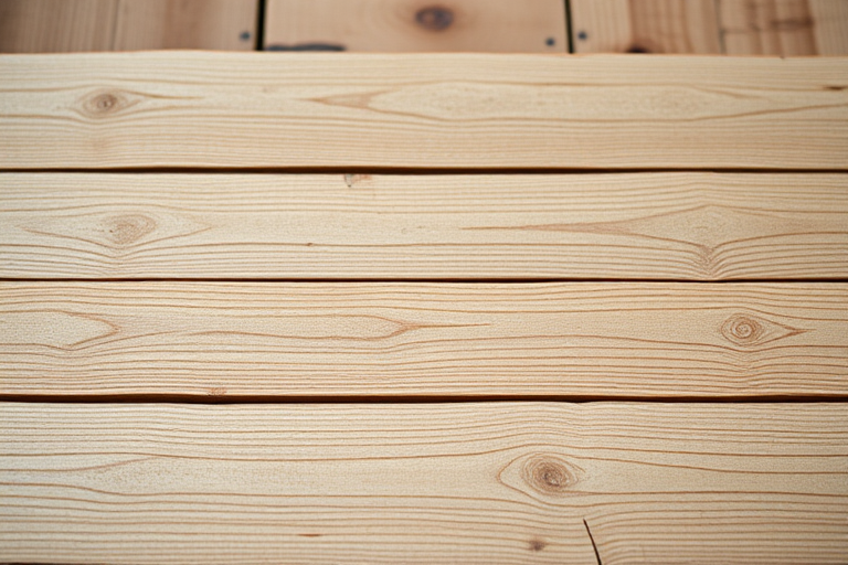 Create a high-resolution image of four wooden planks arranged horizontally with visible wood grain details, taken with a DSLR camera at f/8 aperture, 50mm lens, ISO 100, natural light, and a shallow depth of field for a soft background blur.
