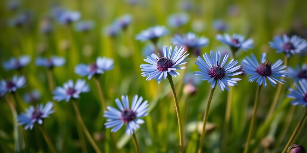 Regenerate a vibrant close-up of blue cornflowers in a lush green field with a shallow depth of field, shot on a DSLR camera with a 50mm lens, aperture set to f/2.8, ISO 100, and a shutter speed of 1/200 sec.