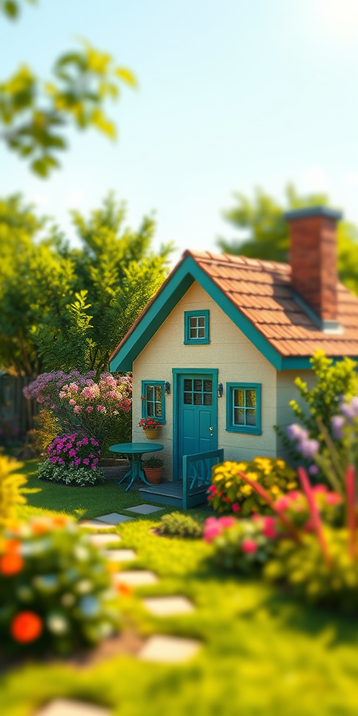 Create a charming, colorful illustration of a small cottage surrounded by a lush garden, captured with a Canon EOS 5D Mark IV at f/8, 1/125 sec, ISO 100, in a bright, sunny landscape view with a slight tilt-shift effect to enhance depth and detail.