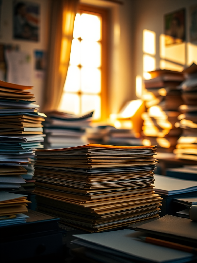 Create a high-resolution image of a cluttered desk with stacks of manila folders, warm sunlight streaming through a window casting soft shadows, using a DSLR camera with a 50mm lens at f/1.8, ISO 200, and a shutter speed of 1/100s, in a shallow depth of field to enhance the focus on the folders while softly blurring the background.