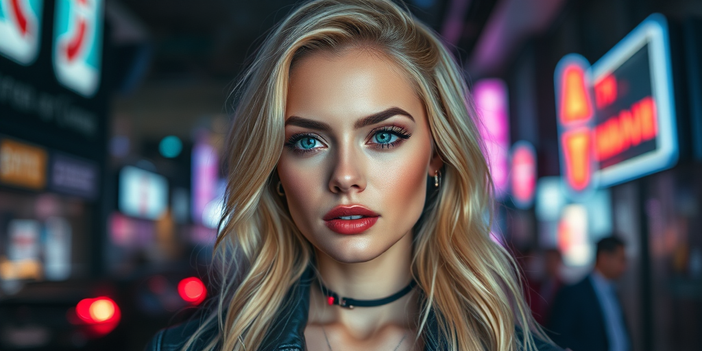 portrait of a blonde woman in a cyberpunk setting
