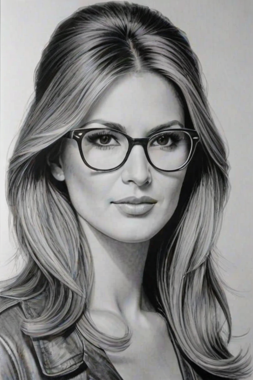 Pleasing Daisy Fuentes, pencil sketch, portrait of Fascinating woman 1976s in glasses, hair style beatnik, outline, clear lines, fine lines, 8k