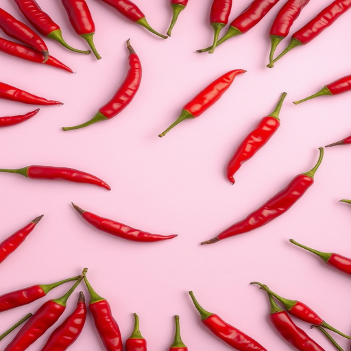 create a repeating pattern of red chili peppers on a soft pink background, high resolution, 50mm lens, f/5.6 aperture, 1/125 sec shutter speed, DSLR camera, top-down view, vibrant colors and sharp focus