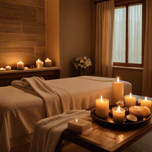 Warmly lit photo of a luxurious spa setting, with candles flickering, soft towels neatly arranged, and a soothing massage table waiting in the softly lit room.