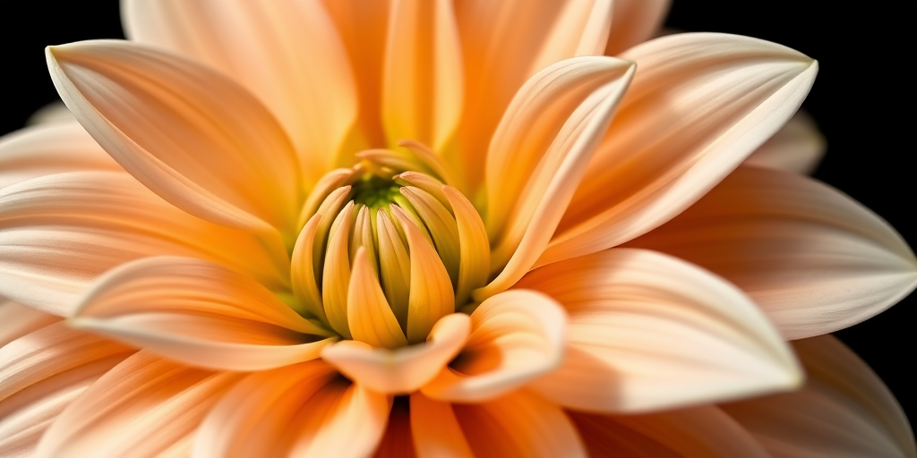 close-up of a dahlia flower with soft peach petals and green center, taken with a DSLR camera at f/2.8 aperture, ISO 100, 50mm lens, in natural light, shallow depth of field, black background for contrast