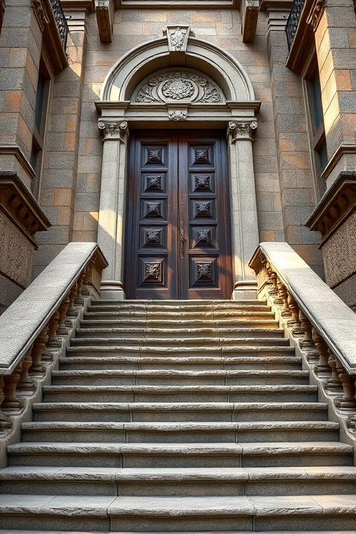 Create a highly detailed 3D rendering of an ornate stone staircase leading up to a large, weathered wooden door, captured from a low angle to emphasize the architecture, with soft natural lighting, using a DSLR camera at f/8 for depth of field, ISO 100, and a focal length of 35mm.