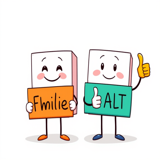 Create an illustration of two simple, cartoonish square characters, one with a friendly smile and the other with a neutral expression, holding colorful signs with thumbs up symbols; use a digital drawing style with high resolution, a balanced composition, soft lighting, and a clean background; camera settings: ISO 100, f/8 aperture, 50mm lens, shot from a slightly low angle to add depth.