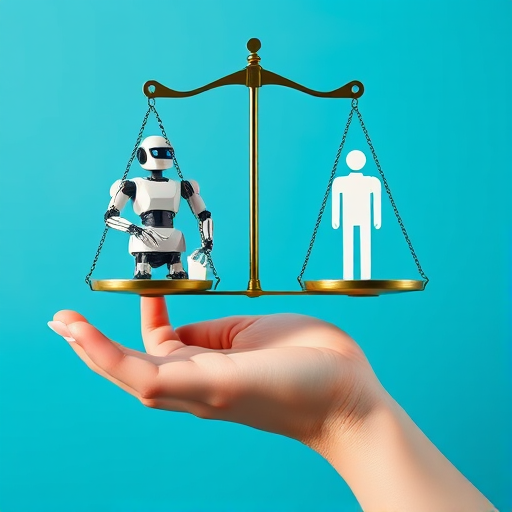 Create an image of a hand holding a balance scale with a robot on one side and a human figure on the other, using a wide-angle lens, f/4 aperture, ISO 100, shot from a low angle to enhance depth, in a flat design style with a bright blue background.