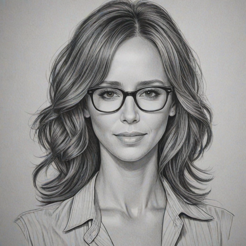 Radiant Jennifer Love Hewitt, pencil sketch, portrait of Stunning woman 1975s in glasses, hair style beatnik, outline, clear lines, fine lines, 8k