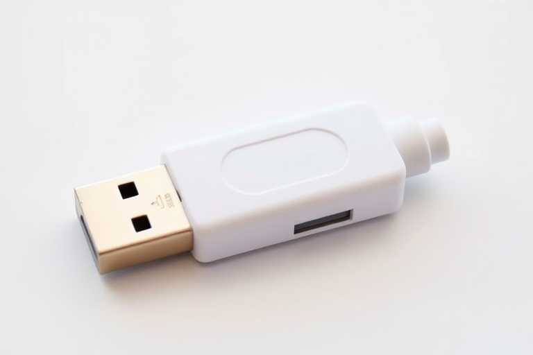 USB figurine lying down on a white background, captured with a DSLR camera at f/2.8 aperture, 50mm lens, ISO 100, 1/200 sec shutter speed, natural lighting for enhanced details and contrast.