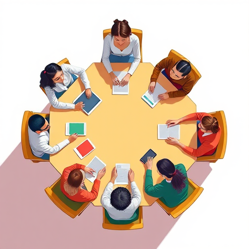 create an illustration of a diverse group of six individuals sitting around an octagonal table viewed from above, using vibrant colors and smooth lines, with a camera view of 35mm focal length, aperture f/4, ISO 100, and natural lighting for a clean, modern look