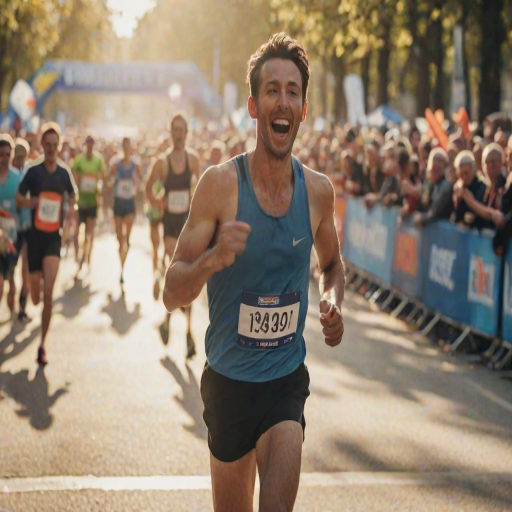 Blurry action shot of a runner crossing the finish line at a marathon, with spectators cheering in the background, soft sunlight illuminating the excitement of the moment.