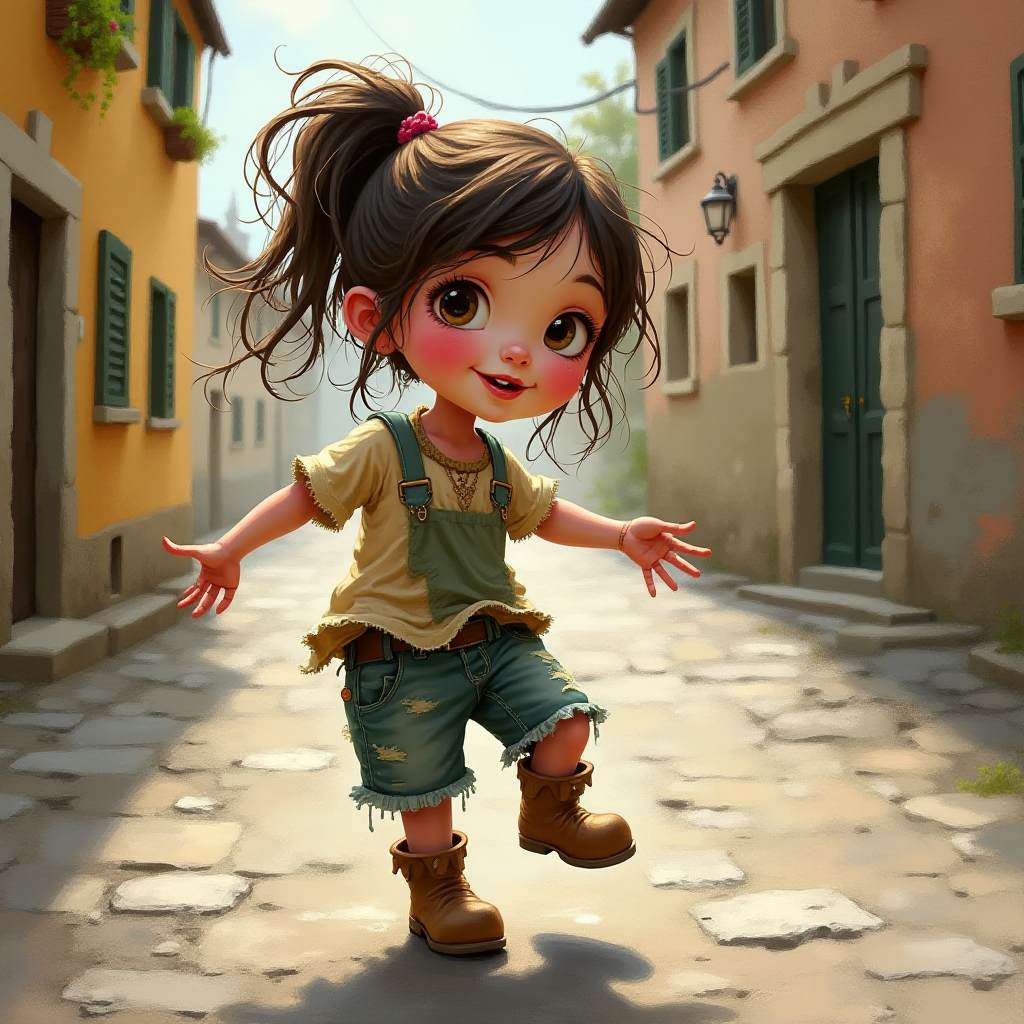 Whimsical little 3-year-old girl wearing scruffy tomboy clothes, boots, messy hair heavily blushed cheeks, pink lips, closely dancing in the street of an Italian village,Textured painterly fantasy artistic mixed media